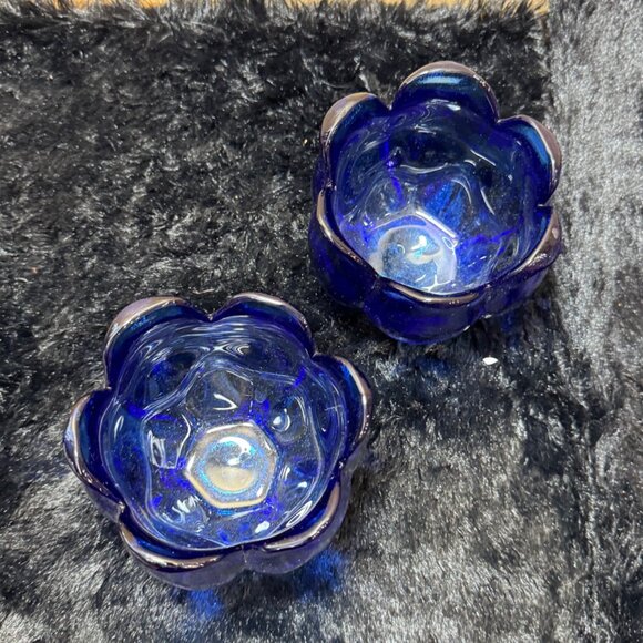 Vintage Cobalt Blue Recycled Glass Tulip Shape  Shaped Candle Holders  Set Of 2 - Picture 4 of 8
